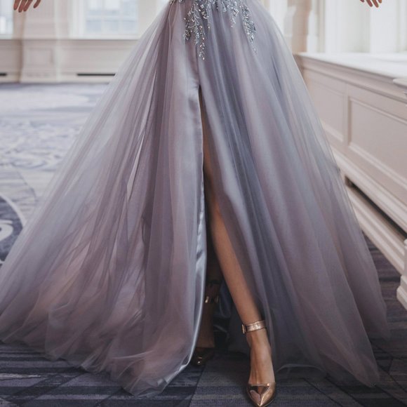 SMOKEY BLUE COLOR PROM PARTY Deep V-Neck Leg Slit Evening Dress ALA0672 - Picture 3 of 8